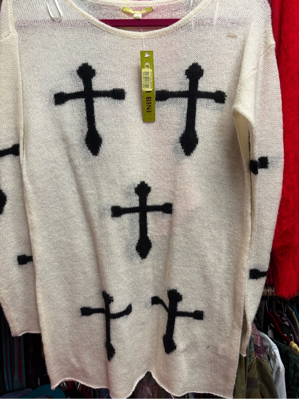 Ivory Crewneck Sweater with Black Cross Motif - Women